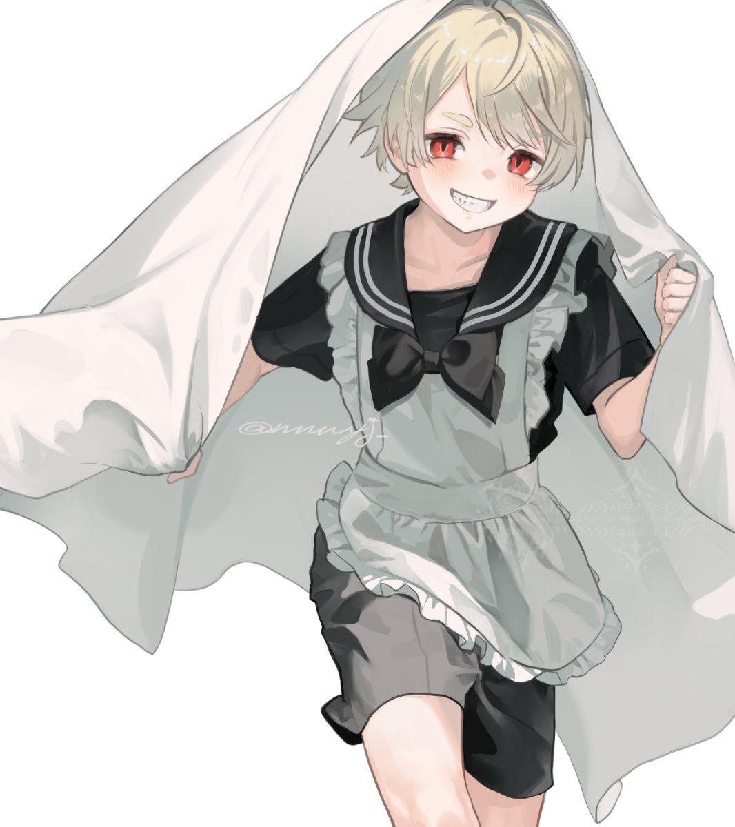 1boy, apron, bed_sheet, black_ribbon, black_serafuku, black_shorts, blonde_hair, child, clenched_hand, commentary_request, cowboy_shot, cropped, grin, hand_up, highres, looking_at_viewer, male_focus, nnnyj, original, red_eyes, ribbon, running, school_uniform, serafuku, short_eyebrows, short_hair, short_sleeves, shorts, simple_background, smile, swept_bangs, tareme, teeth, twitter_username, white_apron, white_background