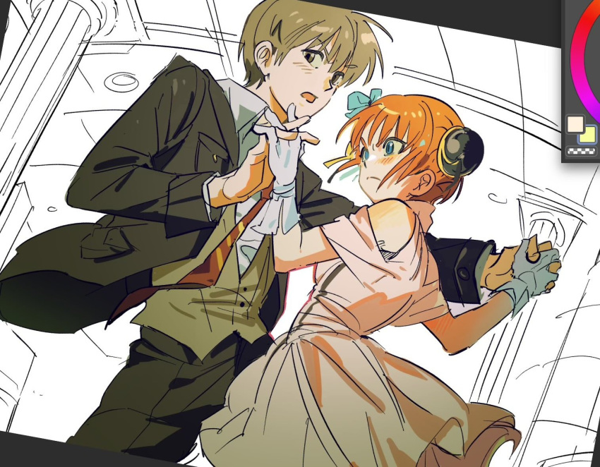 1boy, 1girl, aqua_ribbon, art_program_in_frame, bare_shoulders, black_jacket, black_pants, blonde_hair