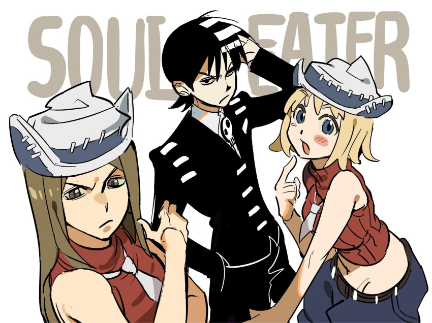 1boy, 2girls, bare_shoulders, black_hair, black_jacket, blonde_hair, blue_eyes, blue_shorts