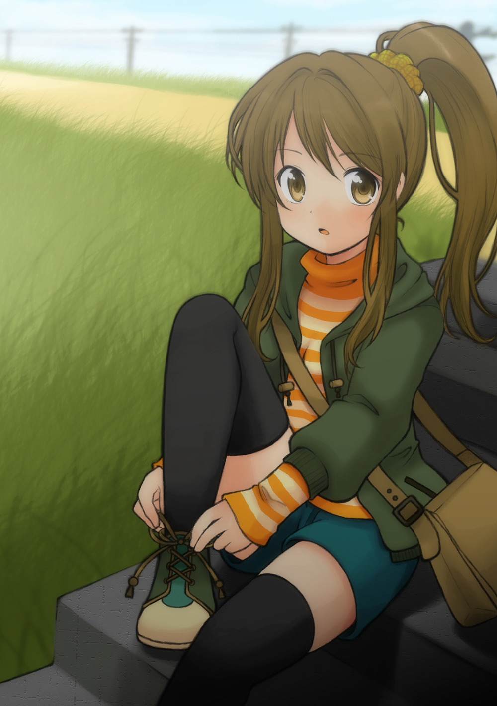 back, black_legwear, black_thighhighs, blush, brown_eyes, brown_hair, grass, highres