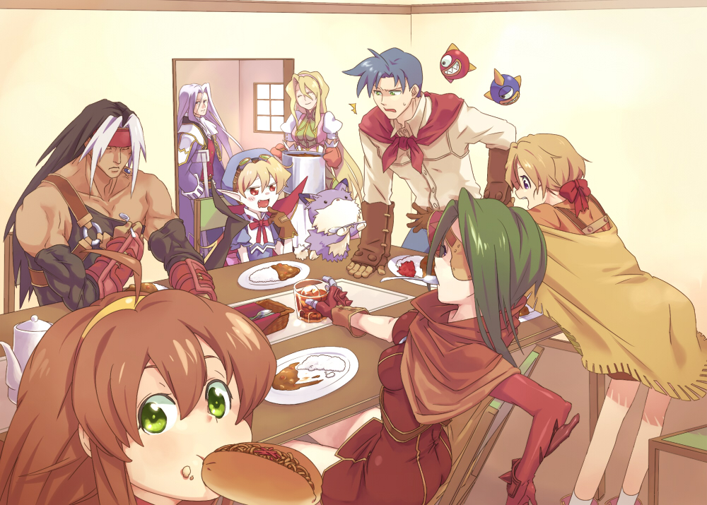 4girls, ahoge, aisha_bernadette, altaecia_valeria, angry, ashley_winchester, belt, beverage