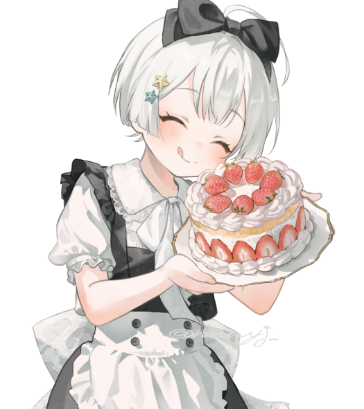 1boy, apron, black_bow, blush, bow, cake, child, cropped