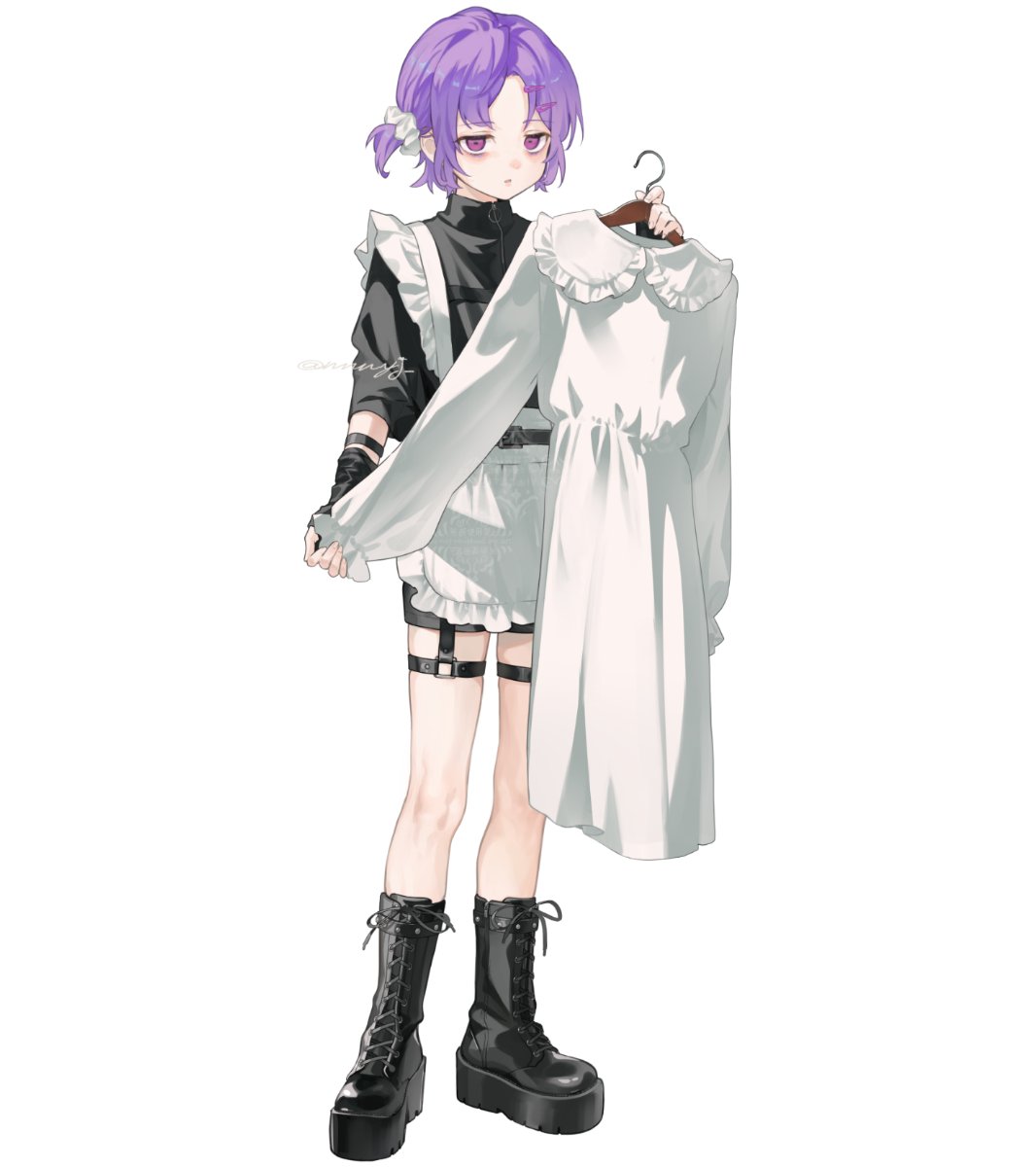 1boy, apron, bags_under_eyes, black_footwear, black_garter_belt, black_gloves, black_jacket, boots