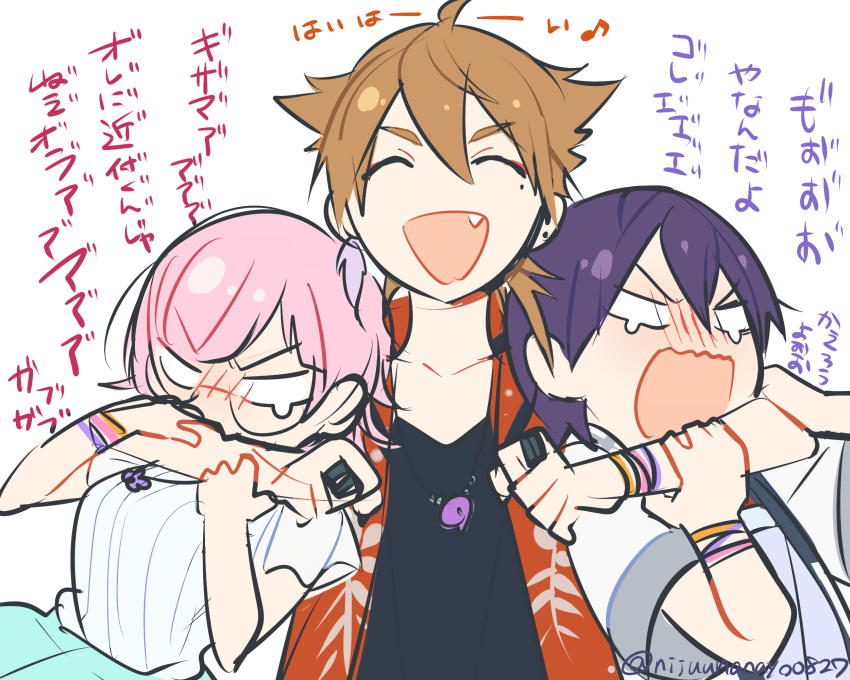 1girl, 2boys, :d, ^_^, arm_around_neck, blank_eyes, blush, breasts