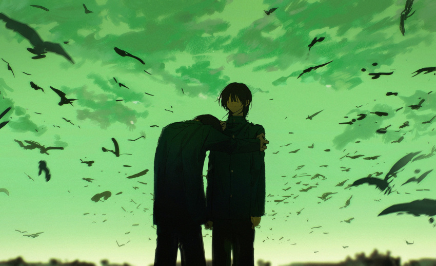 2boys, absurdres, arm_at_side, bird, black_hair, black_jacket, black_pants, blunt_bangs