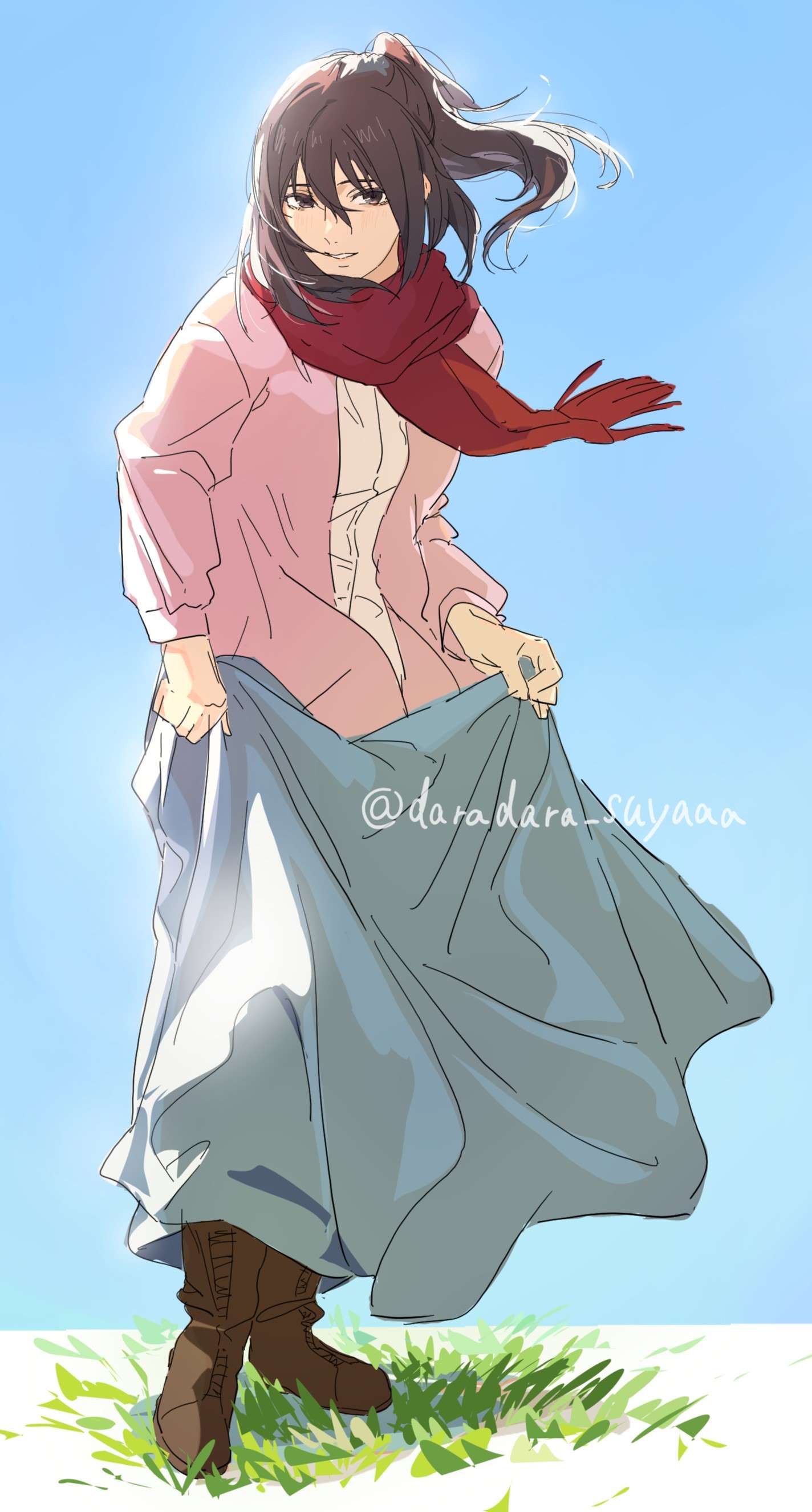 1girl, absurdres, black_hair, blue_skirt, blue_sky, boots, breasts, brown_footwear