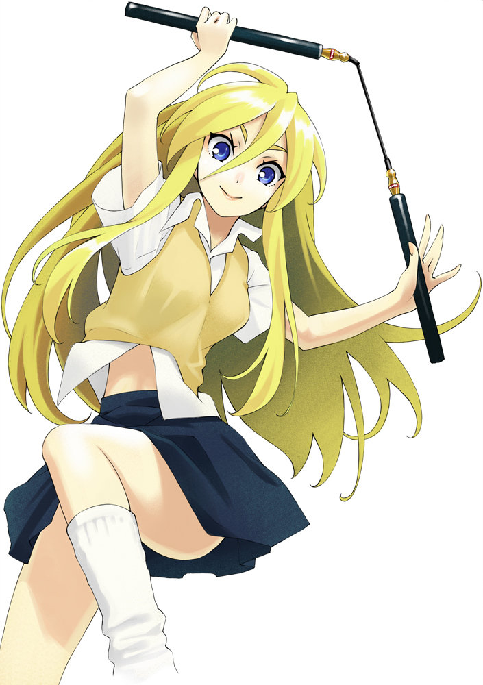 bad_id, blonde_hair, blue_eyes, footwear, lily_(vocaloid), long_hair, nunchaku, skirt