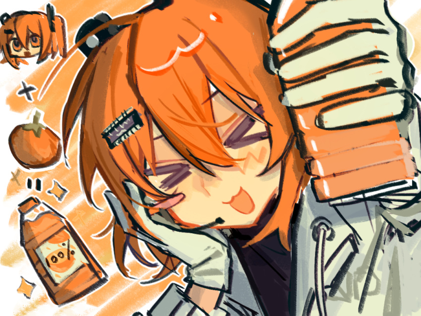 >_<, 1girl, :3, a.i._voice, adachi_rei, black_shirt, blush, blush_stickers, bottle, chibi, chibi_inset, chinese_commentary, commentary_request, dill_(adachi_rei_zero), drink, facing_viewer, food, fruit, gloves, hands_up, headlamp, headset, holding, holding_bottle, holding_drink, incoming_drink, jacket, juice, long_sleeves, medium_hair, multiple_views, open_clothes, open_jacket, orange_(fruit), orange_background, orange_hair, orange_juice, portrait, scribble_background, shirt, single_blush_sticker, smile, sparkle, utau, white_gloves, white_jacket