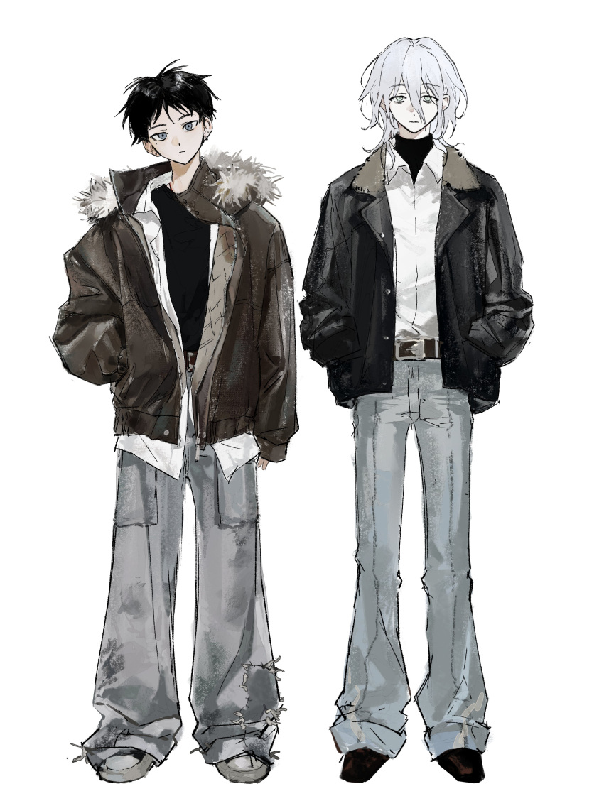 2boys, absurdres, baggy_pants, bags_under_eyes, belt, black_footwear, black_hair, black_jacket