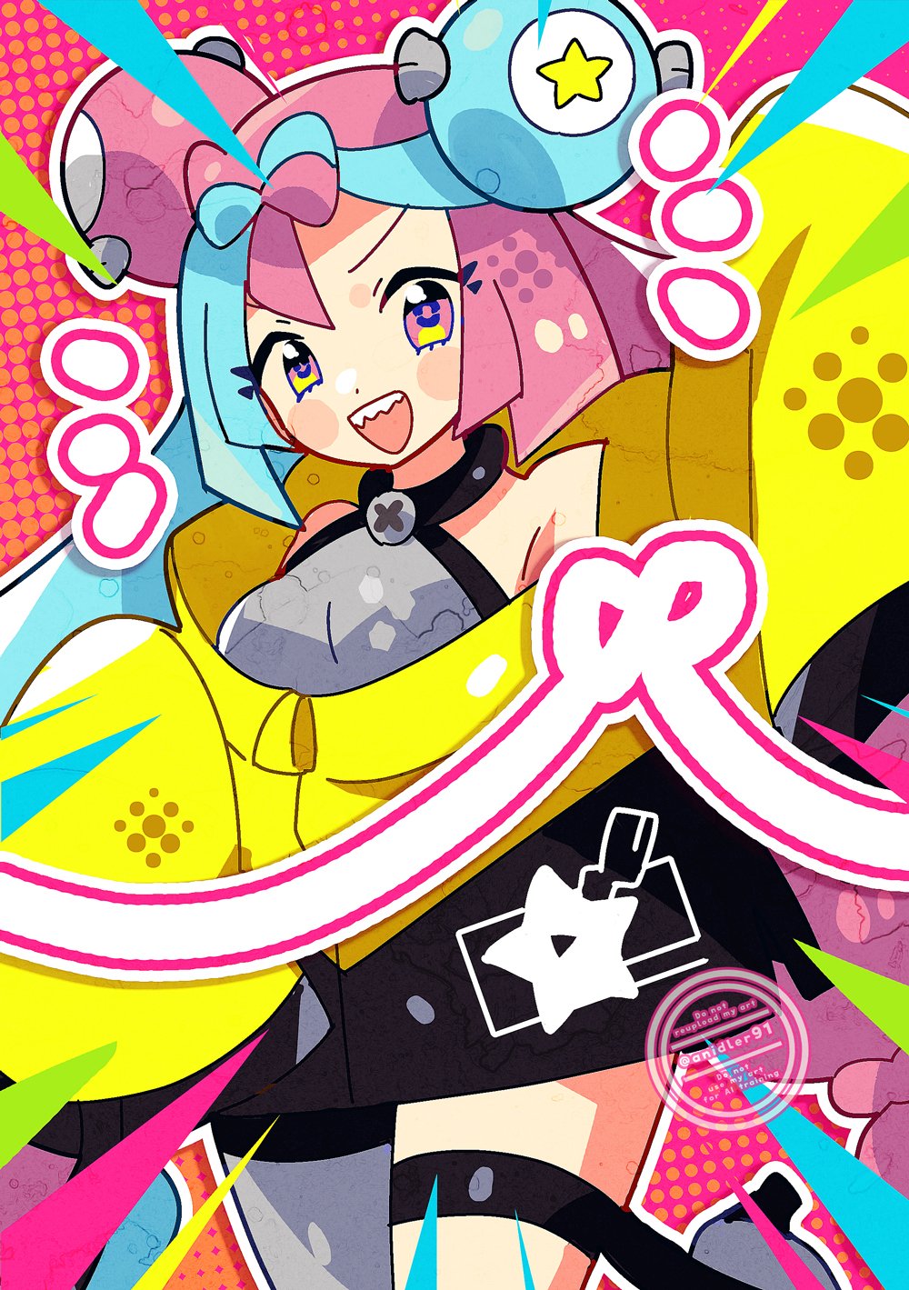 1girl, :d, anidler91, bare_shoulders, blue_hair, character_hair_ornament, eyelashes, grey_pantyhose