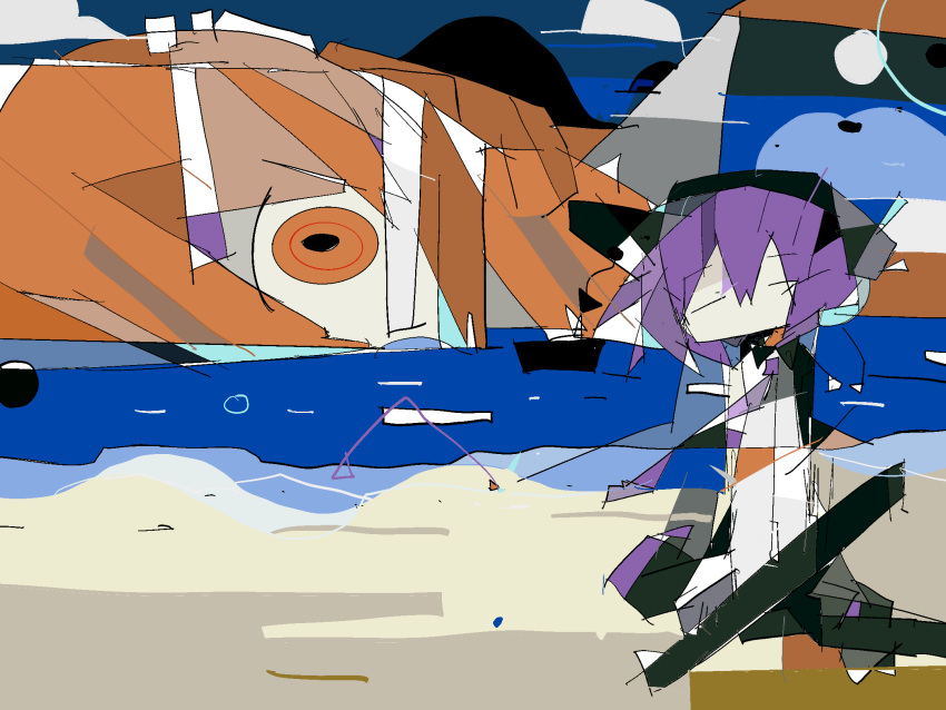 2girls, a.i._voice, abstract, adachi_rei, beach, beret, black_hat, black_pantyhose, blue_sky, closed_eyes, collared_shirt, darkduckling, day, facing_viewer, floating_neckwear, giant, giantess, hair_ribbon, hat, highres, knee_up, looking_at_viewer, lying, multiple_girls, necktie, ocean, on_side, orange_eyes, orange_hair, outdoors, pantyhose, partially_submerged, purple_hair, purple_necktie, ribbon, shirt, sitting, size_difference, sky, utane_uta, utau, white_ribbon, white_shirt, wide-eyed