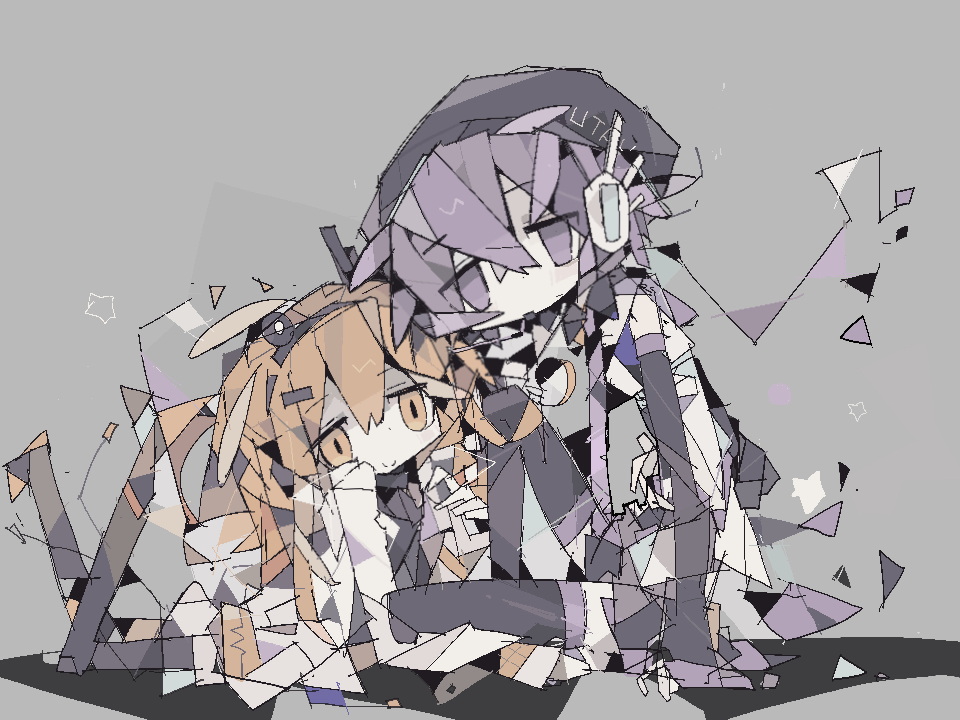2girls, :/, abstract, adachi_rei, beret, black_hat, black_pantyhose, black_shirt