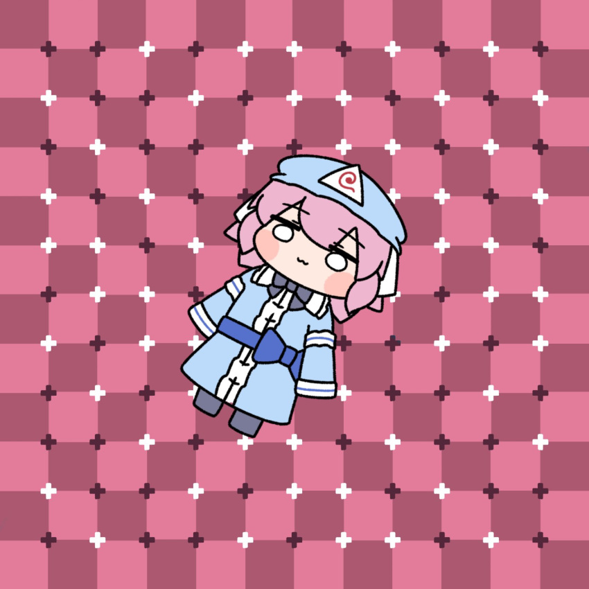 1girl, :3, black_bow, black_bowtie, black_footwear, blue_bow, blue_hat, blue_kimono