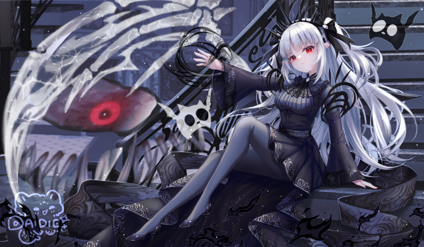 1girl, a-bao_a_qu_the_lightless_shadow, bat_wings, black_dress, black_pantyhose, black_ribbon, blunt_bangs, dai_die