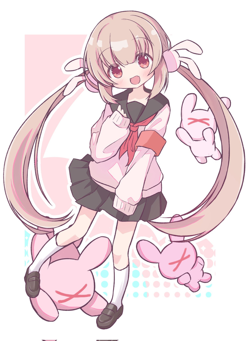 1girl, armband, black_footwear, black_sailor_collar, black_skirt, brown_hair, fang, flat_chest