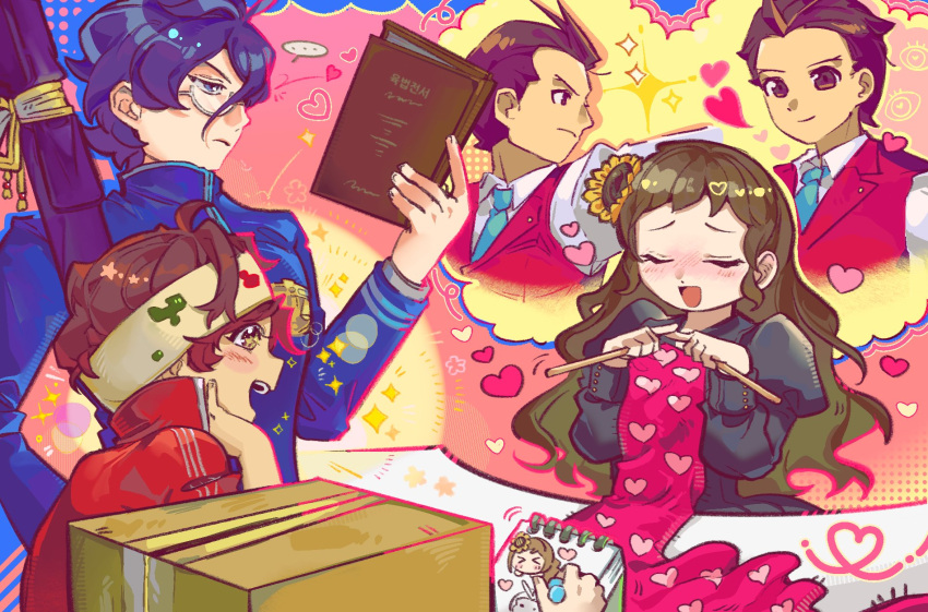 ..., 1other, 2boys, 2girls, ace_attorney, antenna_hair, apollo_justice, black_dress