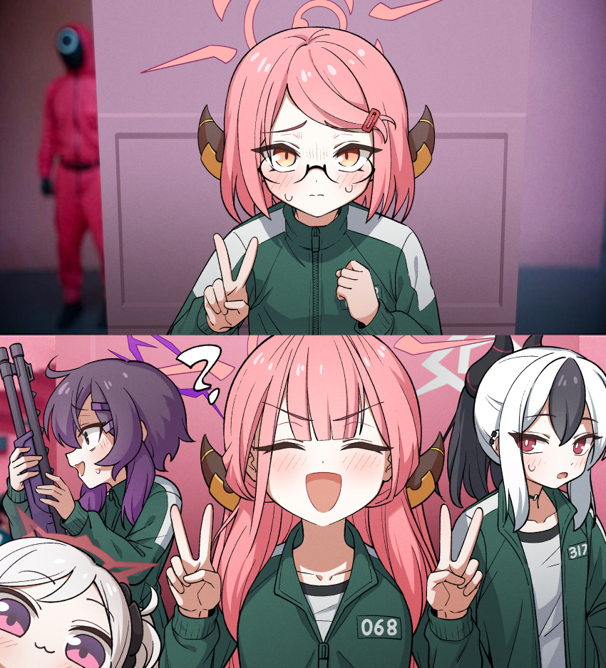 4girls, :3, ^_^, absurdres, aged_down, aru_(blue_archive), black_hair, black_horns, blue_archive, child, closed_eyes, commentary_request, double_v, glasses, golmonggu, gun, halo, haruka_(blue_archive), highres, holding, holding_gun, holding_weapon, horns, kayoko_(blue_archive), korean_commentary, meme, multicolored_hair, multiple_girls, mutsuki_(blue_archive), pink_hair, pink_halo, problem_solver_68_(blue_archive), short_hair, shotgun, squid_game, squid_game_2, two-tone_hair, v, weapon, white_hair, year_1_&amp;_year_2_(squid_game)_(meme), yellow_eyes