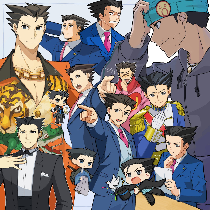 6+boys, ace_attorney, beanie, bird, black_bow, black_bowtie, black_footwear, black_hair