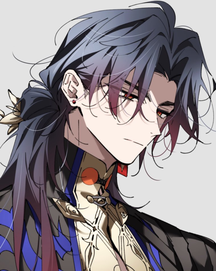 1boy, black_hair, black_jacket, blade_(honkai:_star_rail), closed_mouth, dlckrpwjd111, ear_piercing, expressionless, grey_background, honkai:_star_rail, honkai_(series), jacket, long_hair, looking_down, low-tied_long_hair, male_focus, parted_bangs, piercing, portrait, red_eyes, simple_background, three_quarter_view