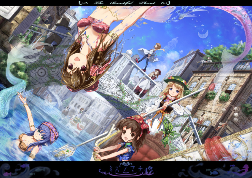 bridge, building, canal, crescent_moon, dutch_angle, gondola, mermaid, miyai_haruki