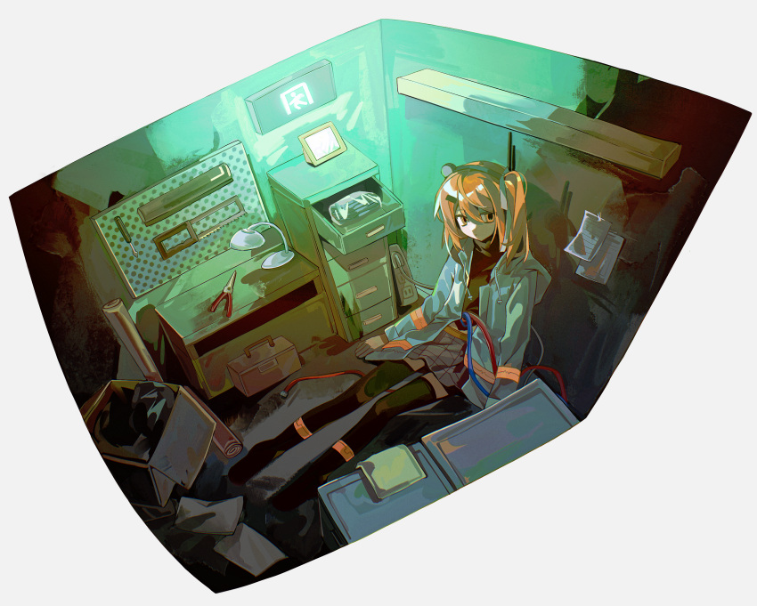 1girl, a.i._voice, absurdres, adachi_rei, baseball_bat, black_pantyhose, black_shirt, box