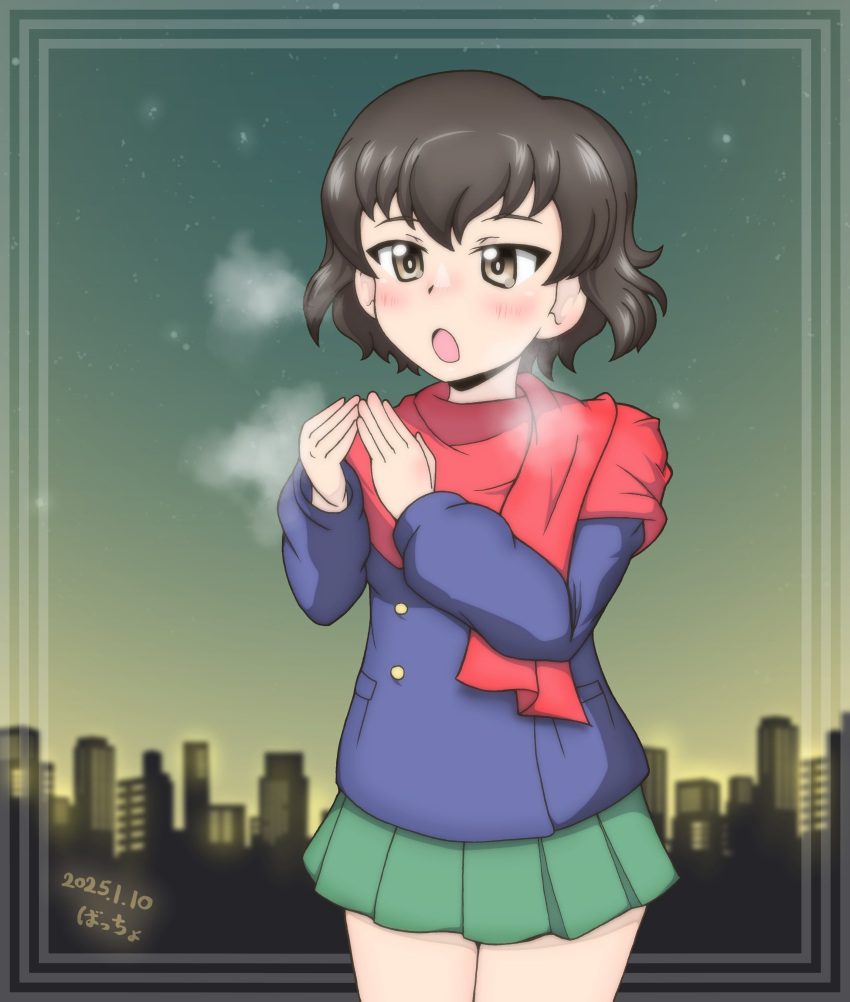 1girl, absurdres, blue_coat, breath, brown_eyes, brown_hair, caesar_(girls_und_panzer), coat