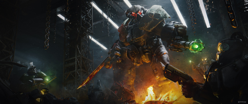 2204design, 4boys, absurdres, american_flag, arm_blade, armor, artist_name, battle, blood, blood_on_armor, blood_on_weapon, broken_helmet, brotherhood_of_steel, ceiling_light, chain, colored_skin, enclave_(fallout), energy_weapon, fallout_(series), fallout_2, fire, firing, frank_horrigan, green_skin, hangar, highres, male_focus, multiple_boys, pillar, plasma_gun, plasma_pistol, power_armor, power_armor_(fallout), science_fiction, smoke, sparkle, star_ornament, twitter_username, weapon