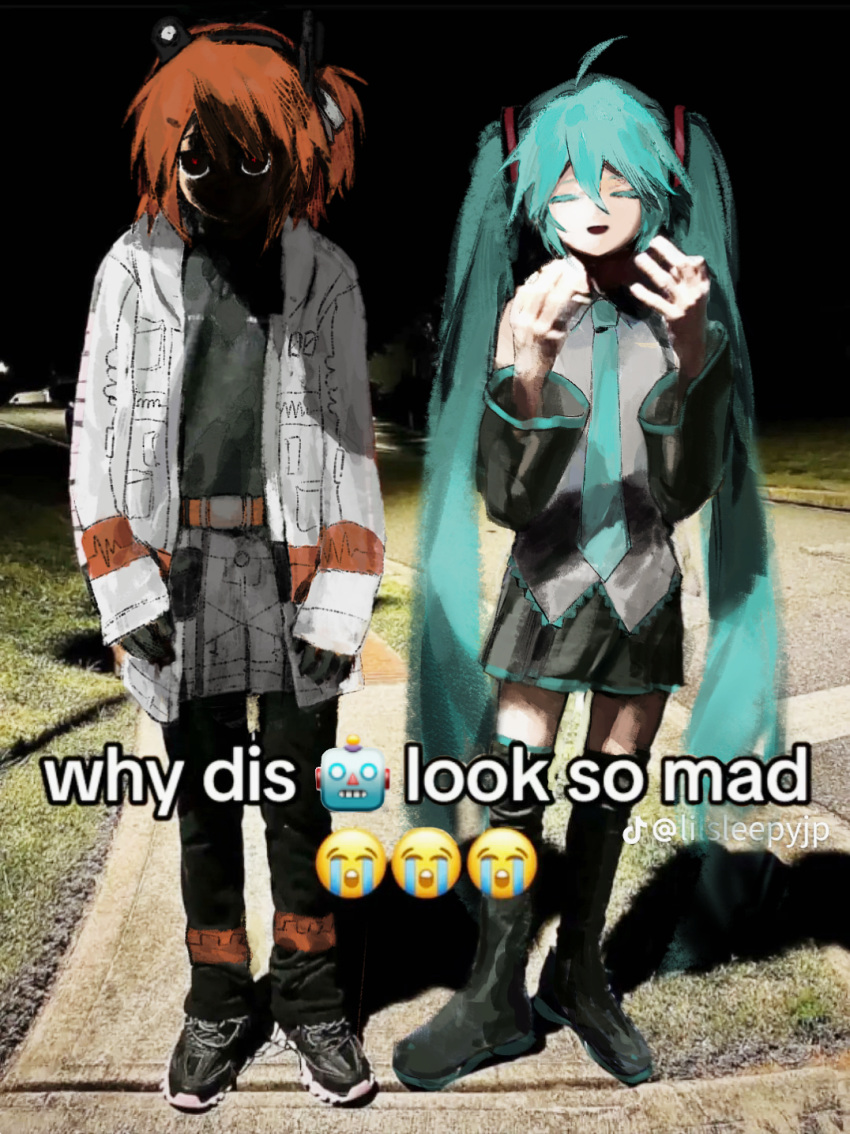 2girls, a.i._voice, adachi_rei, ahoge, belt, black_gloves, black_shirt, black_skirt