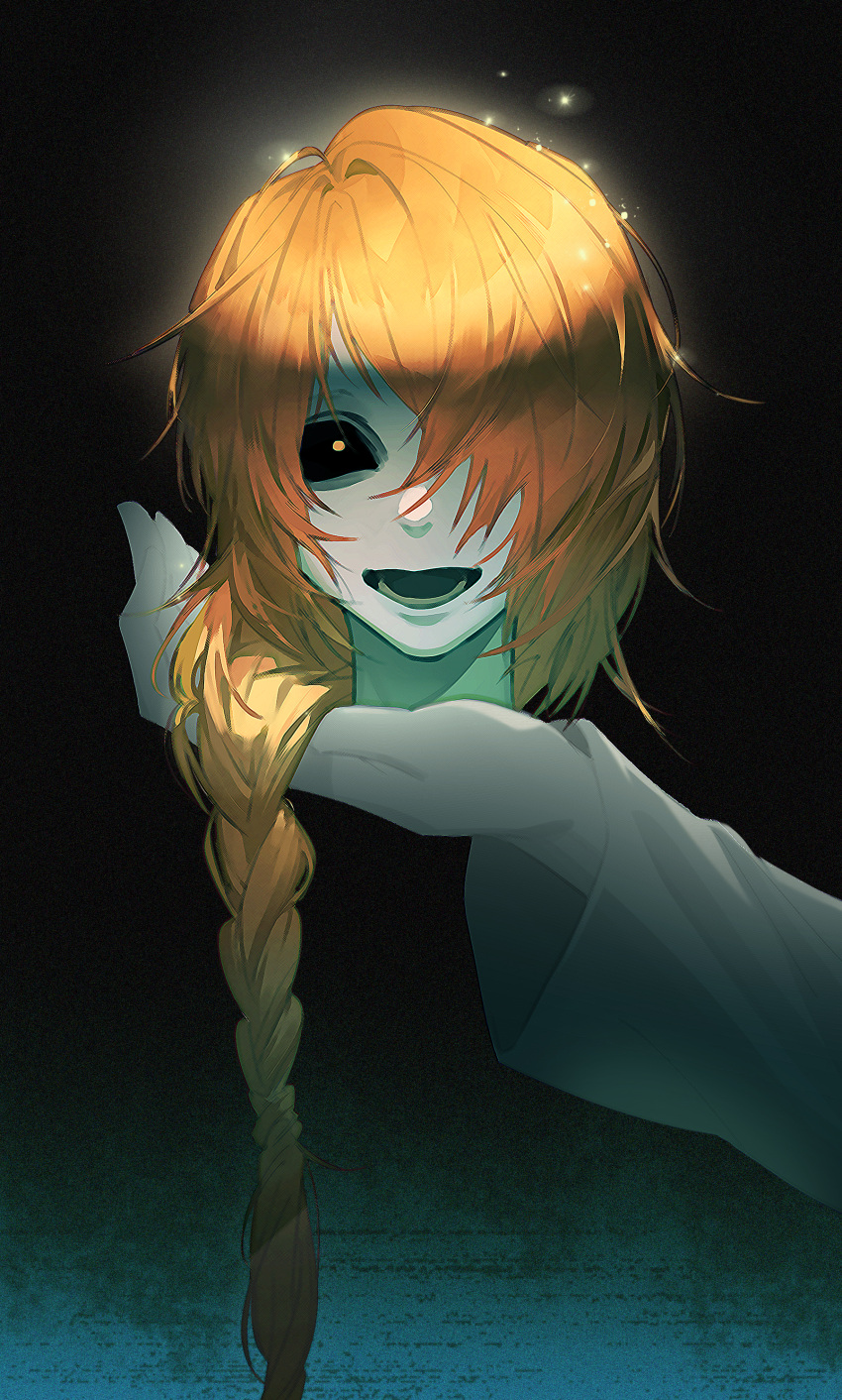 1boy, 1girl, absurdres, black_background, black_sclera, braid, colored_sclera, hair_over_one_eye