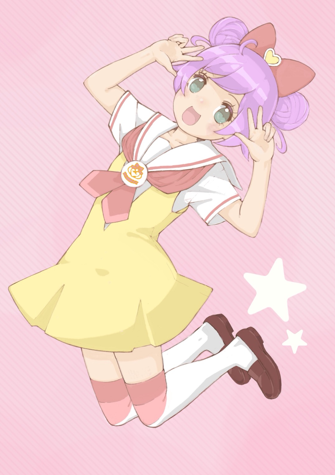 1girl, :d, bow, brown_footwear, double_bun, double_v, dress, full_body