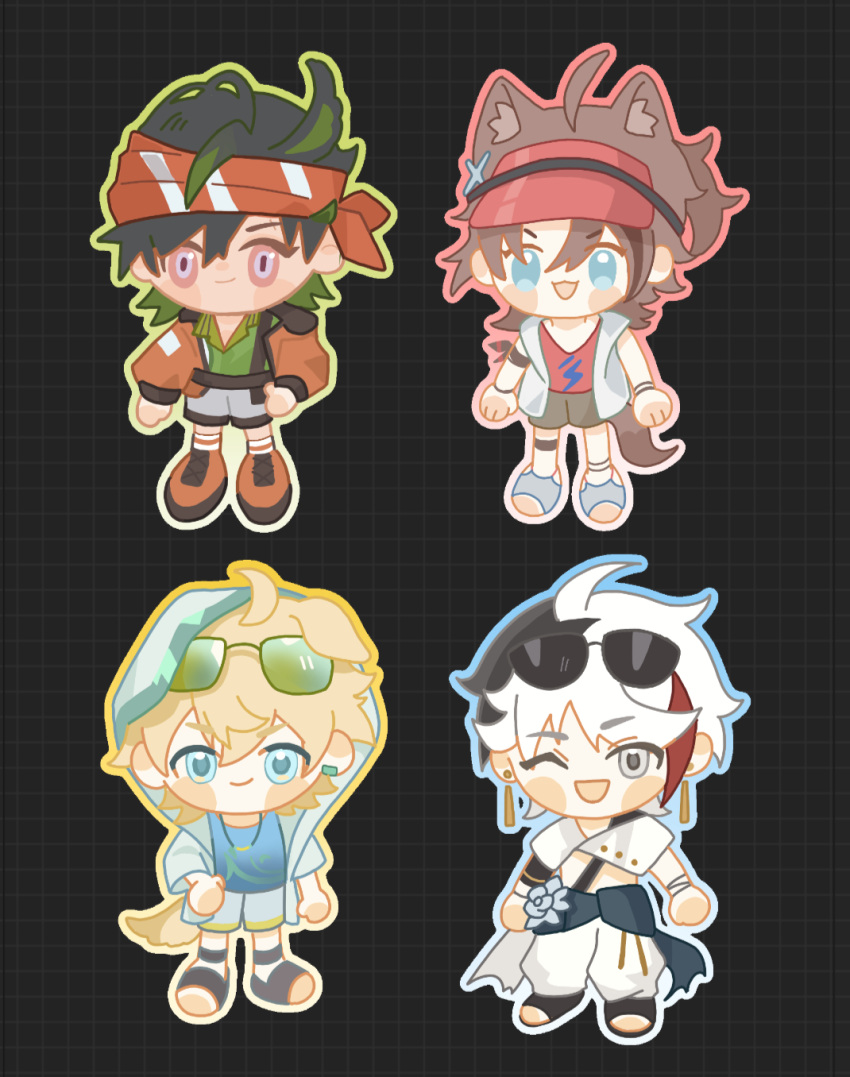 4boys, :3, ahoge, animal_ears, anklet, arknights, arm_strap, bandana
