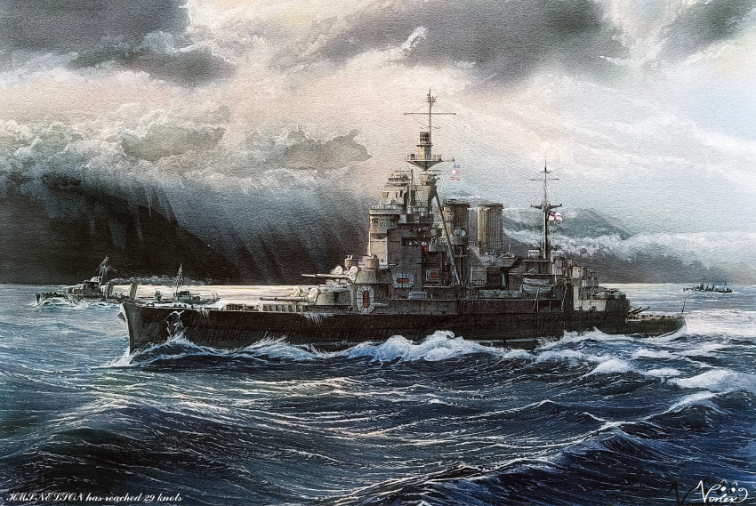 absurdres, acrylic_paint_(medium), battlecruiser, cannon, highres, hms_renown, military_vehicle, no_humans