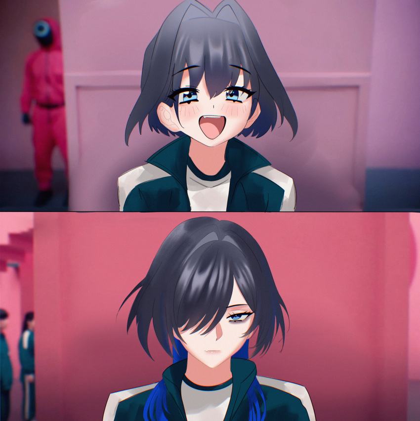 1girl, absurdres, alternate_costume, alternate_hairstyle, before_and_after, blue_eyes, blue_hair, hair_intakes