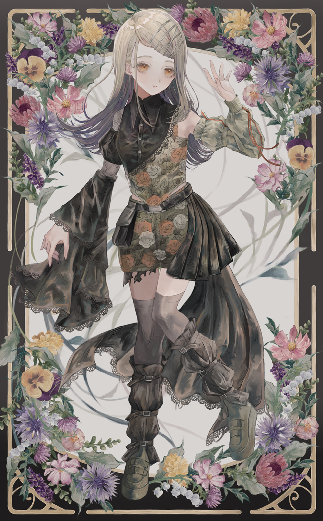 1girl, arm_at_side, asymmetrical_clothes, asymmetrical_sleeves, belt, birthday, black_lace_trim, blonde_hair