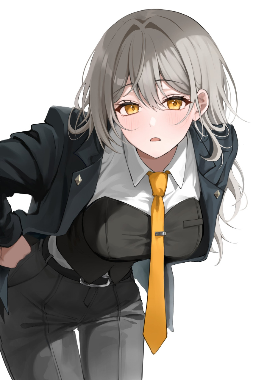 1girl, alternate_costume, belt, black_belt, black_jacket, black_pants, black_vest, blush, breasts, cowboy_shot, d:, felicia8, grey_hair, hand_on_own_hip, highres, honkai:_star_rail, honkai_(series), jacket, leaning_forward, long_hair, looking_at_viewer, medium_breasts, necktie, open_mouth, pants, shirt, simple_background, solo, stelle_(honkai:_star_rail), trailblazer_(honkai:_star_rail), vest, white_background, white_shirt, yellow_eyes, yellow_necktie