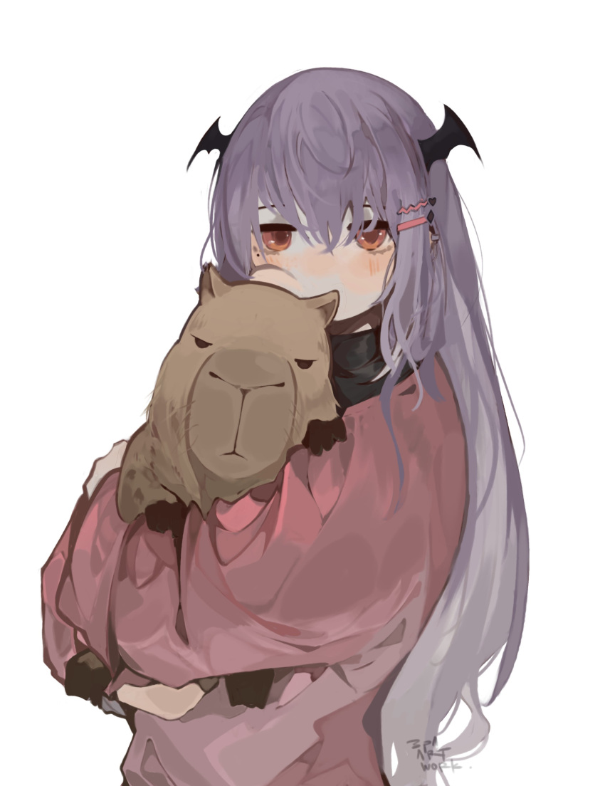 1girl, absurdres, animal, animal_hug, black_scarf, blush, bpa_art_work, capybara