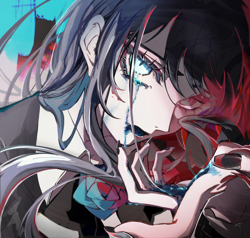 1girl, absurdres, ado_(utaite), black_hair, black_nails, blue_eyes, blue_hair, chando_(ado), colored_inner_hair, colored_tears, commentary_request, crying, crying_with_eyes_open, heterochromia, highres, long_hair, multicolored_hair, nail_polish, official_art, open_mouth, orihara_(ewkkyorhr), portrait, red_eyes, sidelocks, solo, tears, utaite