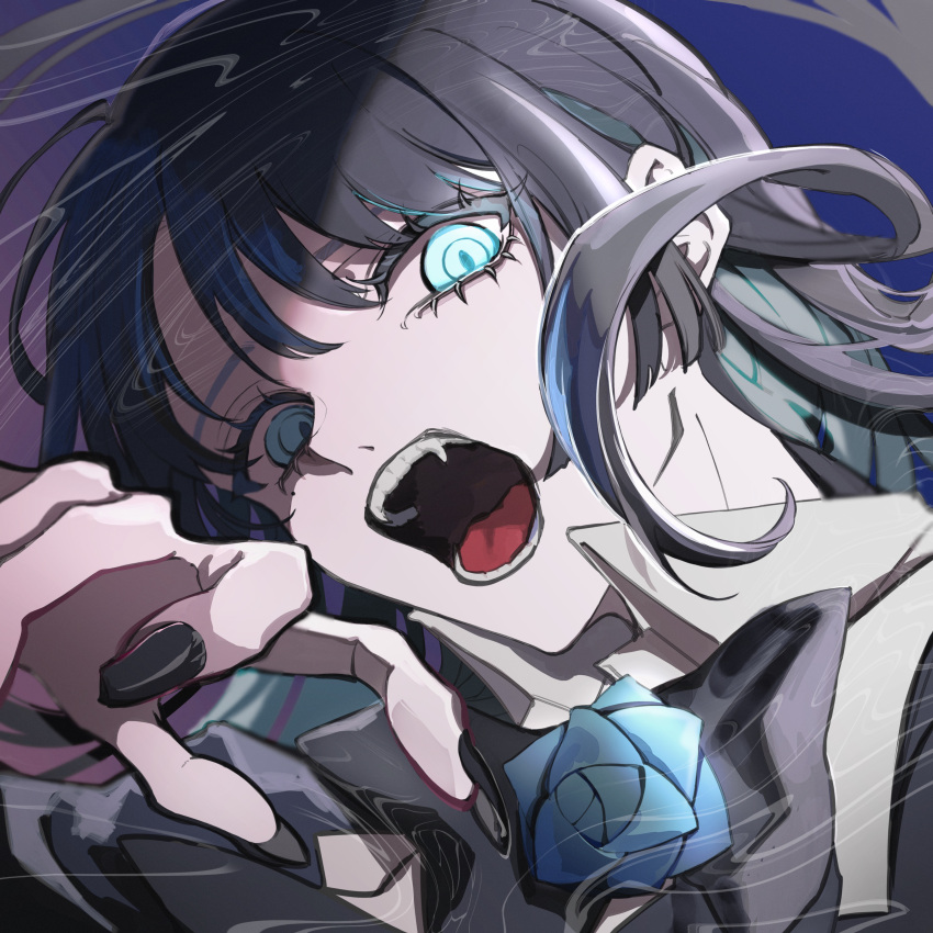 1girl, absurdres, ado_(utaite), black_bow, black_bowtie, black_hair, black_nails, blue_eyes, blue_hair, bow, bowtie, chando_(ado), commentary_request, fangs, floating_hair, highres, multicolored_hair, nail_polish, official_art, open_mouth, orihara_(ewkkyorhr), portrait, shade, solo, streaked_hair, teeth, tongue, utaite