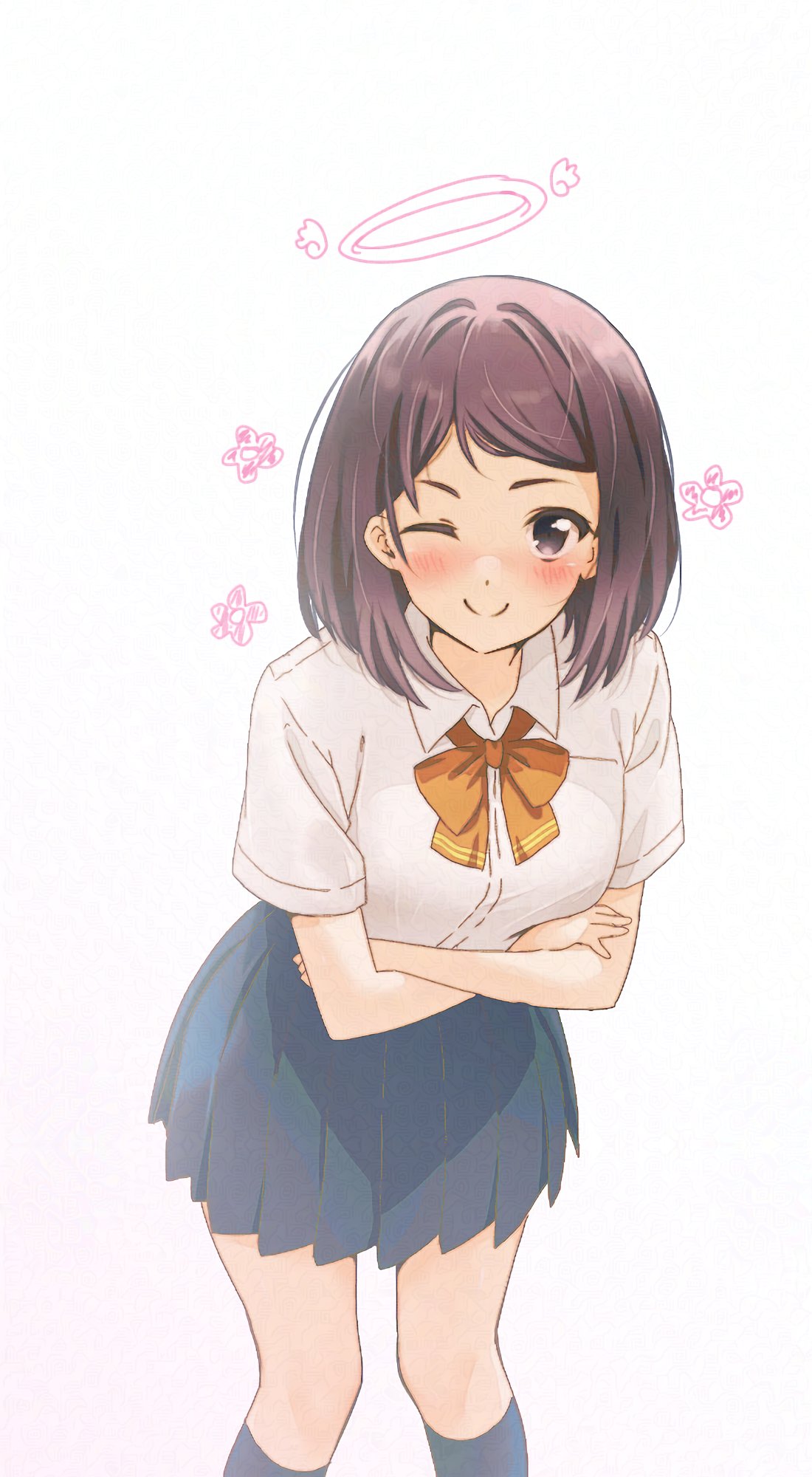 1girl, 22/7, ;), asymmetrical_bangs, blue_skirt, blue_socks, blush, bow