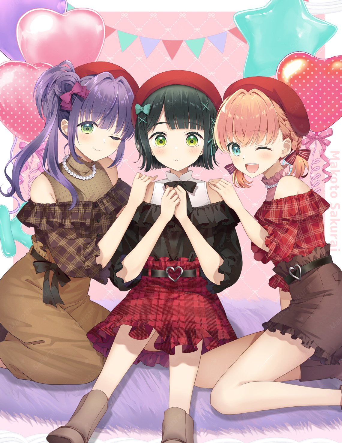 3girls, ;), ;d, alternate_costume, aqua_bow, aqua_eyes, balloon, belt
