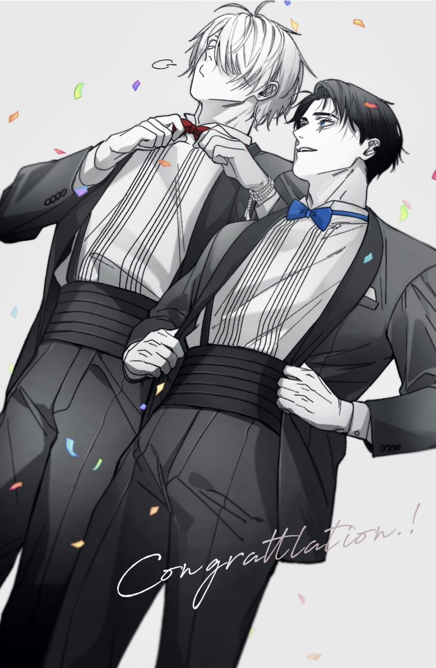 2boys, blue_bow, blue_bowtie, bow, bowtie, character_request, coat, collared_shirt