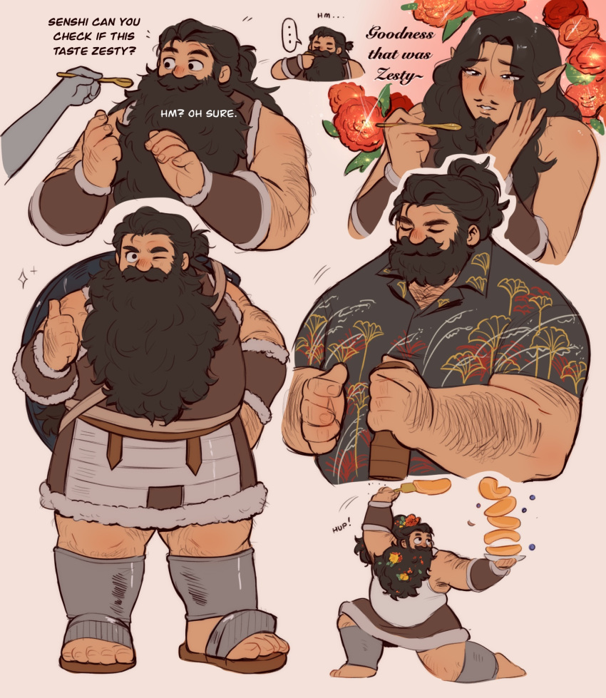 1boy, arm_hair, armor, beard, black_hair, blueberry, blush, disembodied_hand