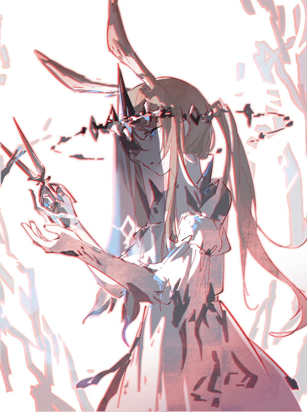 1girl, amiya_(arknights), amiya_(demon_king)_(arknights), animal_ears, arknights, black_dress, blue_eyes, dress