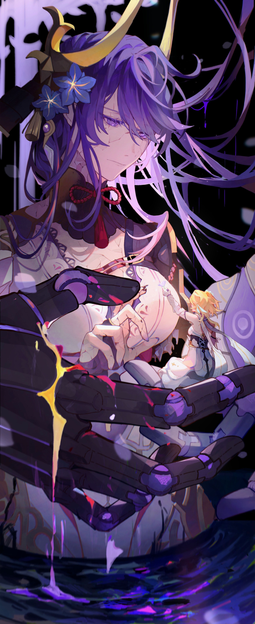 2girls, absurdres, arm_up, armor, blonde_hair, blunt_bangs, bridal_gauntlets, chinese_commentary