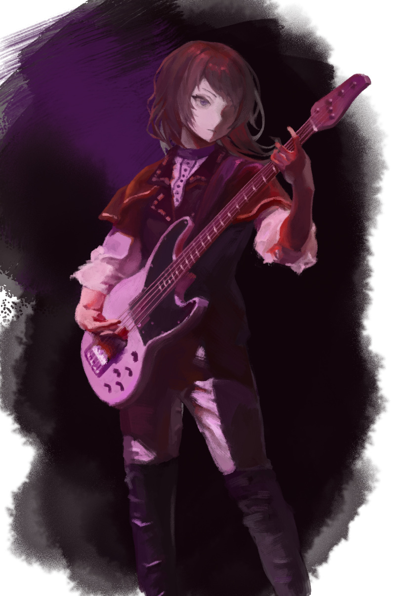 1girl, bang_dream!, bang_dream!_it's_mygo!!!!!, bass_guitar, black_footwear, black_hair, black_vest, boots, capelet, closed_mouth, electric_bass_guitar, highres, holding, holding_bass_guitar, holding_instrument, instrument, medium_hair, music, neko_tenko, playing_bass_guitar, playing_instrument, red_capelet, shirt, side_ponytail, solo, thigh_boots, timoris_(bang_dream!), vest, white_shirt, yahata_umiri
