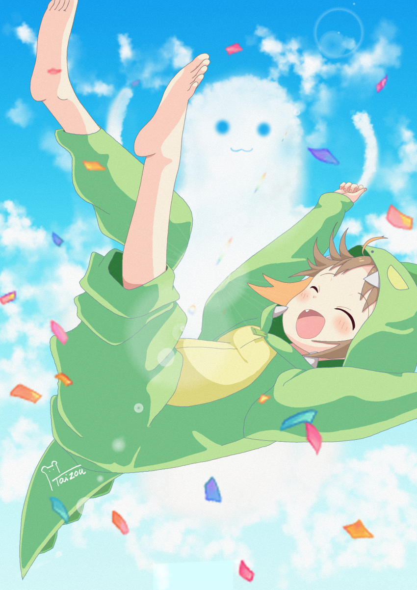 1girl, absurdres, barefoot, blonde_hair, blue_sky, celebration, colored_inner_hair, cosplay