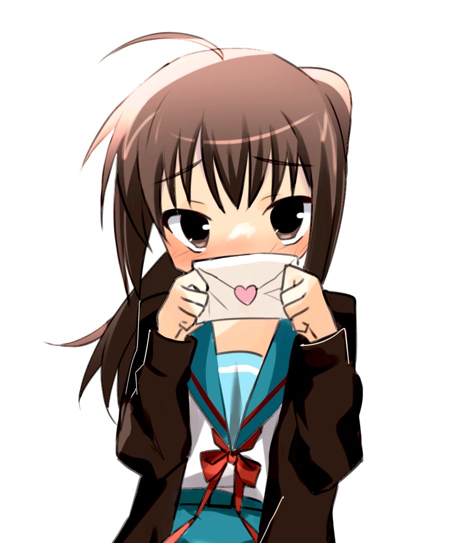 1girl, ahoge, blue_sailor_collar, blue_skirt, brown_cardigan, brown_hair, cardigan, commentary_request, genderswap, genderswap_(mtf), hands_up, holding, holding_letter, joral_(jar_of_desire), kita_high_school_uniform, kyonko, letter, long_hair, long_sleeves, looking_at_viewer, love_letter, open_cardigan, open_clothes, ponytail, red_ribbon, ribbon, sailor_collar, school_uniform, serafuku, simple_background, skirt, solo, suzumiya_haruhi_no_yuuutsu, upper_body, white_background, winter_uniform