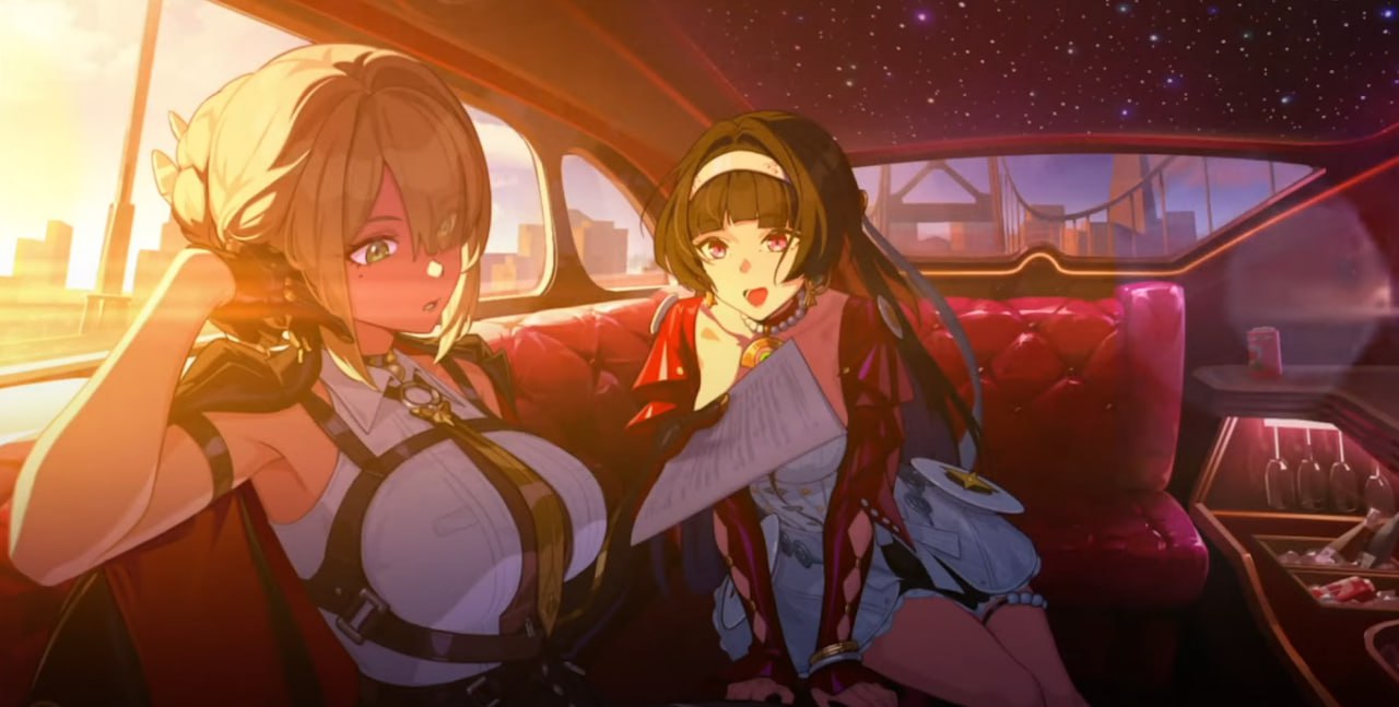 2girls, armpits, astra_yao, black_hair, blonde_hair, breasts, car, car_interior