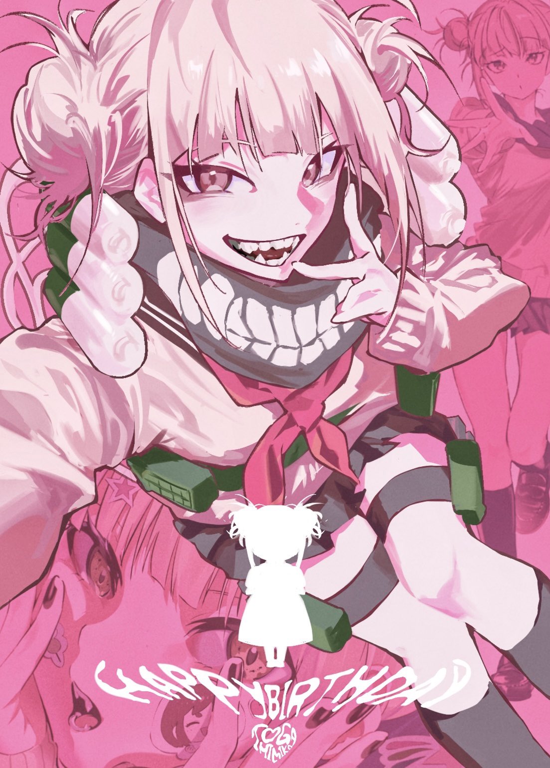 1girl, black_skirt, black_socks, blonde_hair, blunt_bangs, boku_no_hero_academia, brown_eyes, double_bun