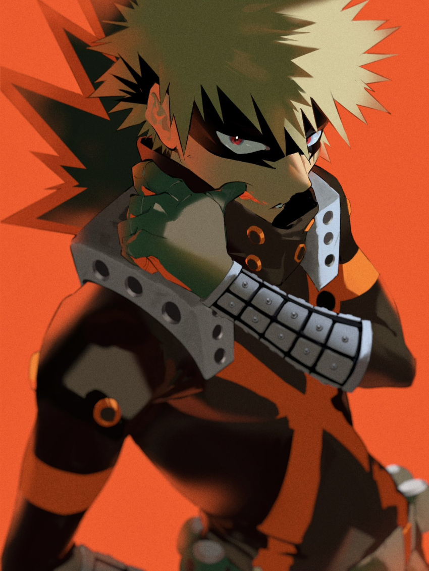 1boy, bakugou_katsuki, black_bodysuit, blonde_hair, blood, blood_on_face, bodysuit, boku_no_hero_academia, eye_mask, hand_on_own_hip, highres, konekutozzzzz, looking_at_viewer, male_focus, parted_lips, red_background, red_eyes, short_hair, solo, spiky_hair, superhero_costume, turtleneck, wiping_face